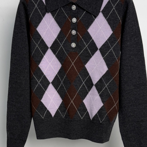 Self-Portrait Grey Argyle Lightweight Jumper - Picture 9 of 11